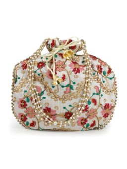 DRASTR - White And Gold Embroidered Wrist Loop Party Potli Bag