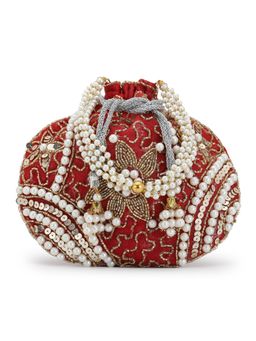 DRASTR - Red And Gold Embroidered Wrist Loop Party Potli Bag