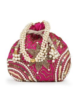 DRASTR - Pink And Gold Embroidered Wrist Loop Party Potli Bag