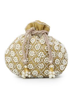 DRASTR - Green And White Embroidered Beaded Canvas Lotus Potli Bag
