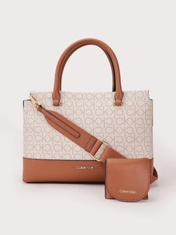 Calvin Klein - Logo Beige Pu Handbag with Detachable Strap and Pouch