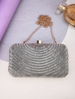 DRASTR - Silver Kadai Work And Embellished Party Box Clutch with Detachable Chain