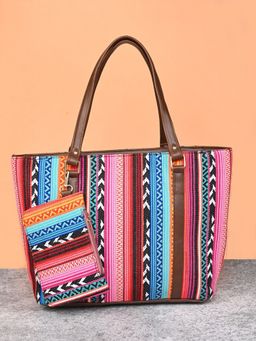 DRASTR - Multi Self Design Striped Oversized Tote Bag with Pouch
