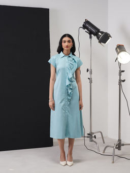 AMOSHI - Gloria Blue Solid Collar Neck A Line Midi Dress