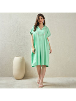 First Resort by Ramola Bachchan - Jelly Mint Hand Embroidered Knee Length Shirt Dress
