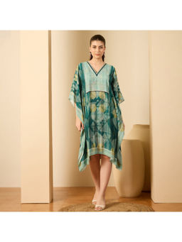 First Resort by Ramola Bachchan - Green Aztec Crystal Yoke Kaftan Dress
