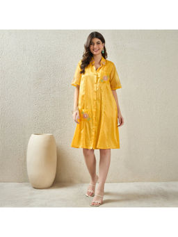 First Resort by Ramola Bachchan - Yellow Hand-Embroidered Pin-Tuck Shirt Dress