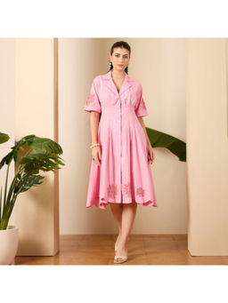 First Resort by Ramola Bachchan - Pink Hand-Embroidered Pleated A Line Midi Dress