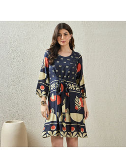 First Resort by Ramola Bachchan - Midnight Blue Geometric Print A Line Mini Dress