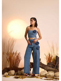 The Clothing Factory - Women's Blue Corsage Detail Denim Corset Top and Jeans