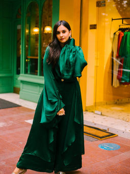 House of Fett - Green Polyester Satin Top with Pant