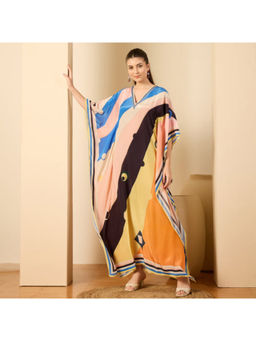 First Resort by Ramola Bachchan - Pink and Orange Ripple Print Embellished Full Length Kaftan
