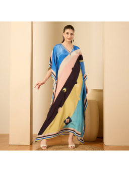 First Resort by Ramola Bachchan - Pink and Yellow Ripple Print Embellished Full Length Kaftan