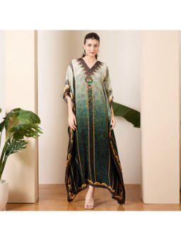 First Resort by Ramola Bachchan - Green Tropical Tiger Stripes Printed Full Length Kaftan