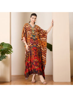 First Resort by Ramola Bachchan - Brown and Orange Scallop Animal Print Full Length Kaftan