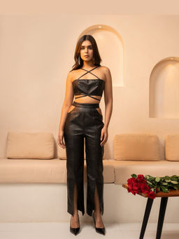 The Clothing Factory - Women's Black Leather Crop Top and Pant