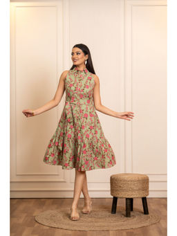 POMCHA - Sukoon Sage Blooms Cotton Floral Knee Length Dress
