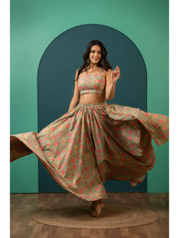 POMCHA - Sukoon Sleeveless Mehendi Floral Cotton Two- Piece Sets