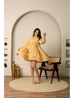 POMCHA - Sukoon Yellow Hues Floral Print Cotton Summer Dress