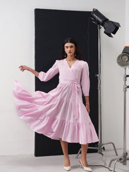 AMOSHI - Marina Embellished Pink Midi Dress with Belt