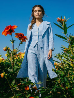 House of Fett - Blue Cotton Linen Blend Waistcoat with Pant and Jacket