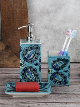 VarEesha - Vrinda Ceramic Rectangular Bathroom Set of 3 Soap Dispenser, Tumbler with Soap Dish