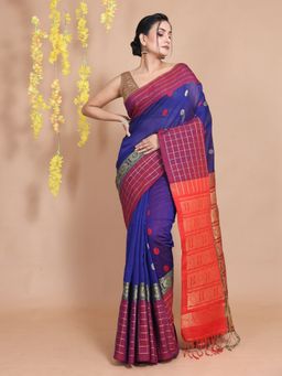 CHARUKRITI - Royal Blue Cotton Geometric & Ethnic Designs Handwoven Saree with Unstitched Blouse