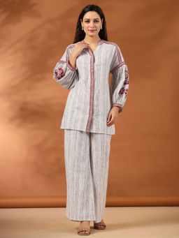 Jaipur Kurti - Grey Self-Stripe Embroidered Top with Palazzos (Set of 2)