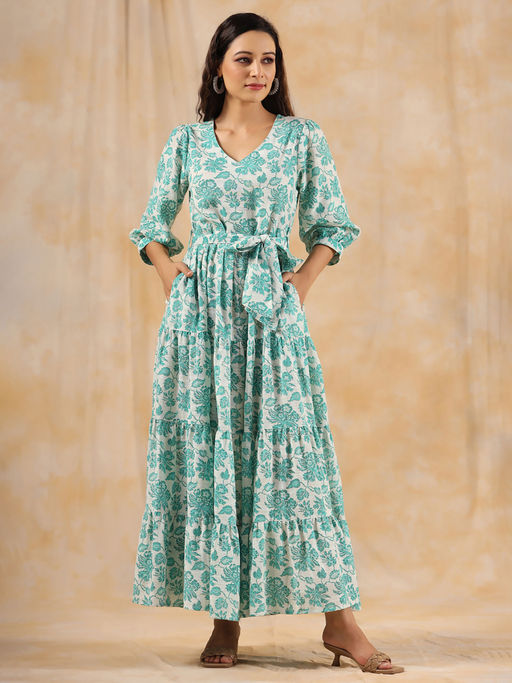 white christmas dresses Mille Celia Stripe Smocked Bodice Tiered Ruffle Maxi Dress in Aqua Jaipur Stripe at Nordstrom, Size X-Small main image 0