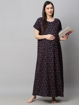 MomToBe - Women Navy Blue Printed Maxi Maternity Nightdress