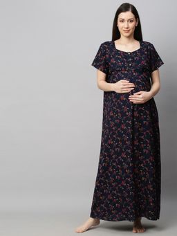 MomToBe - Women Navy Blue Printed Maxi Maternity Nightdress