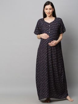 MomToBe - Women Navy Blue Floral Maxi Maternity Nightdress