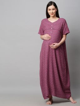 MomToBe - Women Plum Mauve Floral Maxi Maternity Nightdress
