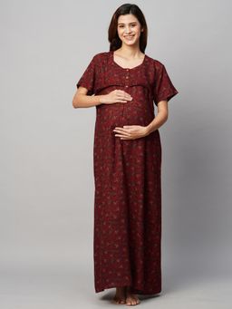 MomToBe - Women Maroon Floral Printed Maxi Maternity Nightdress