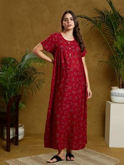 MomToBe - Women Scarlet Red Floral Printed Maxi Nightdress