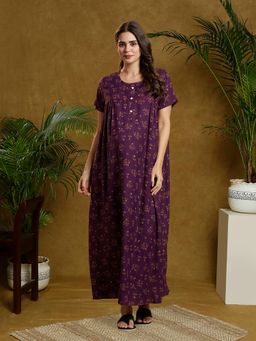 MomToBe - Women Eggplant Purple Floral Printed Maxi Nightdress