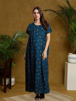 MomToBe - Women Teal Blue Floral Printed Maxi Nightdress