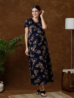 MomToBe - Women Navy Blue Flower Printed Maternity Maxi Nightdress