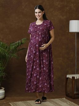 MomToBe - Women Purple Printed A-Line Maxi Nightdress