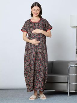 MomToBe - Women Navy Blue Printed A-Line Feeding Nighty
