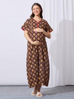 MomToBe - Women Chestnut Brown Printed Feeding Nighty