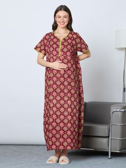 MomToBe - Women Claret Maroon Printed Feeding Nighty