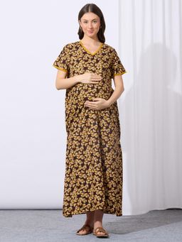 MomToBe - Women Chestnut Brown Floral Printed Feeding Nightdress