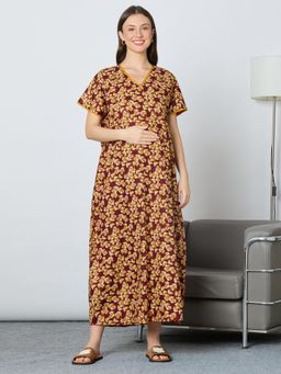 MomToBe - Women Claret Red Floral Printed Feeding Nightdress