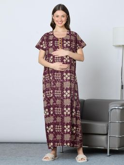 MomToBe - Women Pomegranate Wine Ethnic Motifs Printed Feeding Nightdress