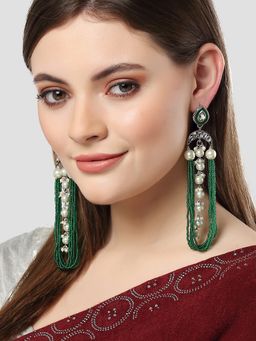 Karatcart - Oxidised Silver Pearl and Green Moti Studded Kundan Drop Earrings for Women