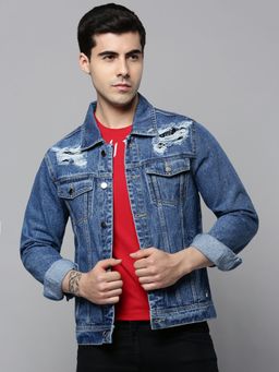 SHOWOFF - Mens Spread Collar Blue Solid Denim Jacket