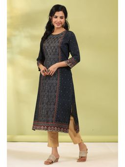 Rain & Rainbow - Women Navy Blue Digital Printed Mirror Work Straight Kurta