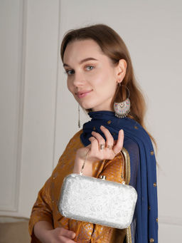 MOZAFIA - Silver Embellished Handbag Clutch for Women