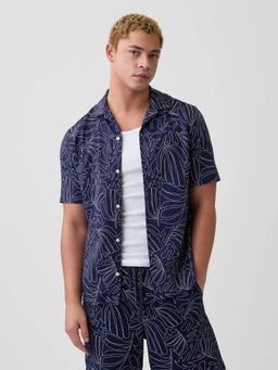 GAP - Men Navy Blue Leaf Print Camp Collar Half Sleeves Shirt
